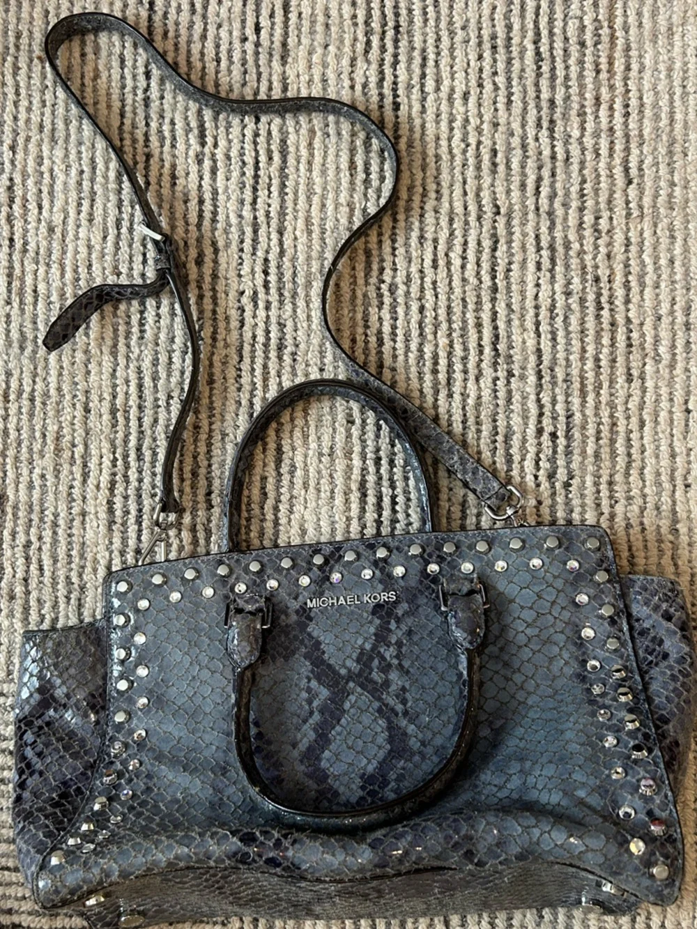 Michael Kors Snake-Embossed Studded Tote with Crossbody Strap Bag Purse Leather